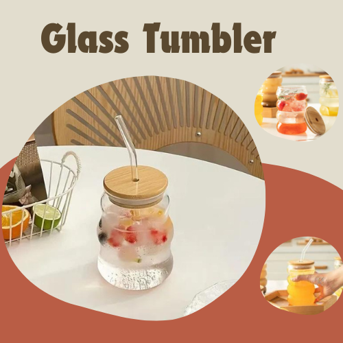 Glass Tumbler Wave shape with Straw 500ml