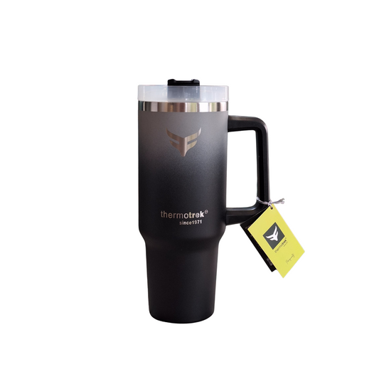 Black travel mug with handle and Thermotrek logo on a white background