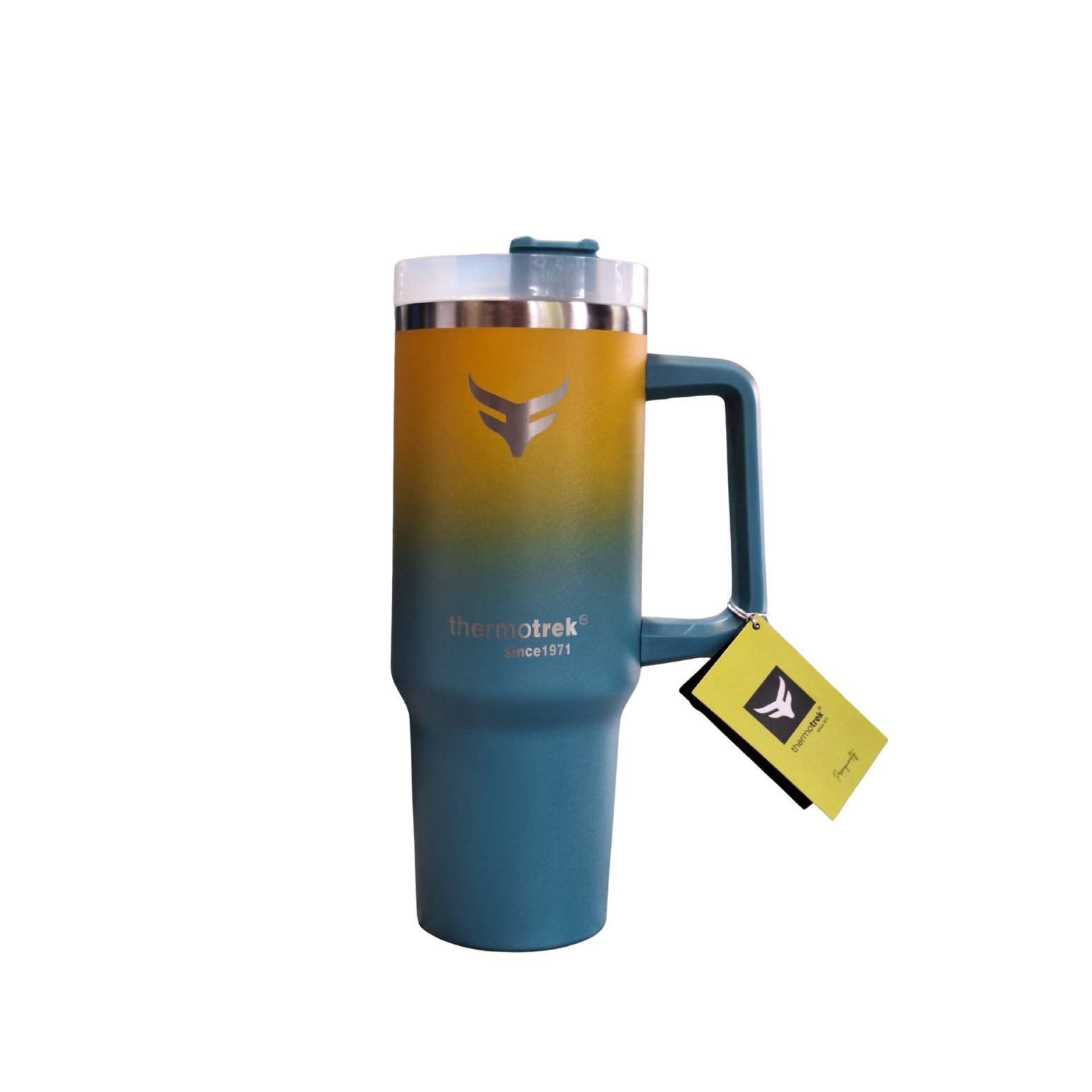 Thermos mug with gradient design and visible brand tag on a white background
