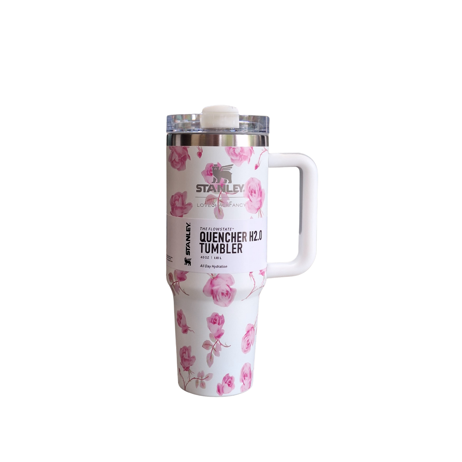 Stanley tumbler with floral design on a white background