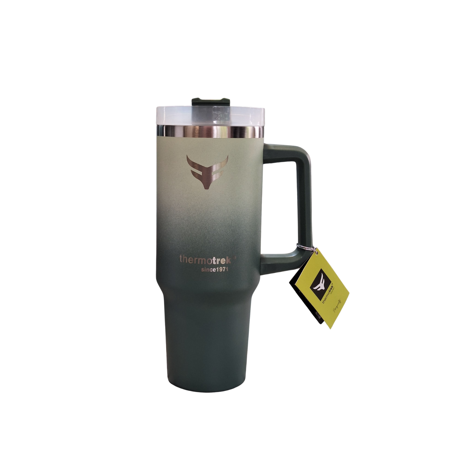 Thermos mug with handle and visible brand logo on a white background