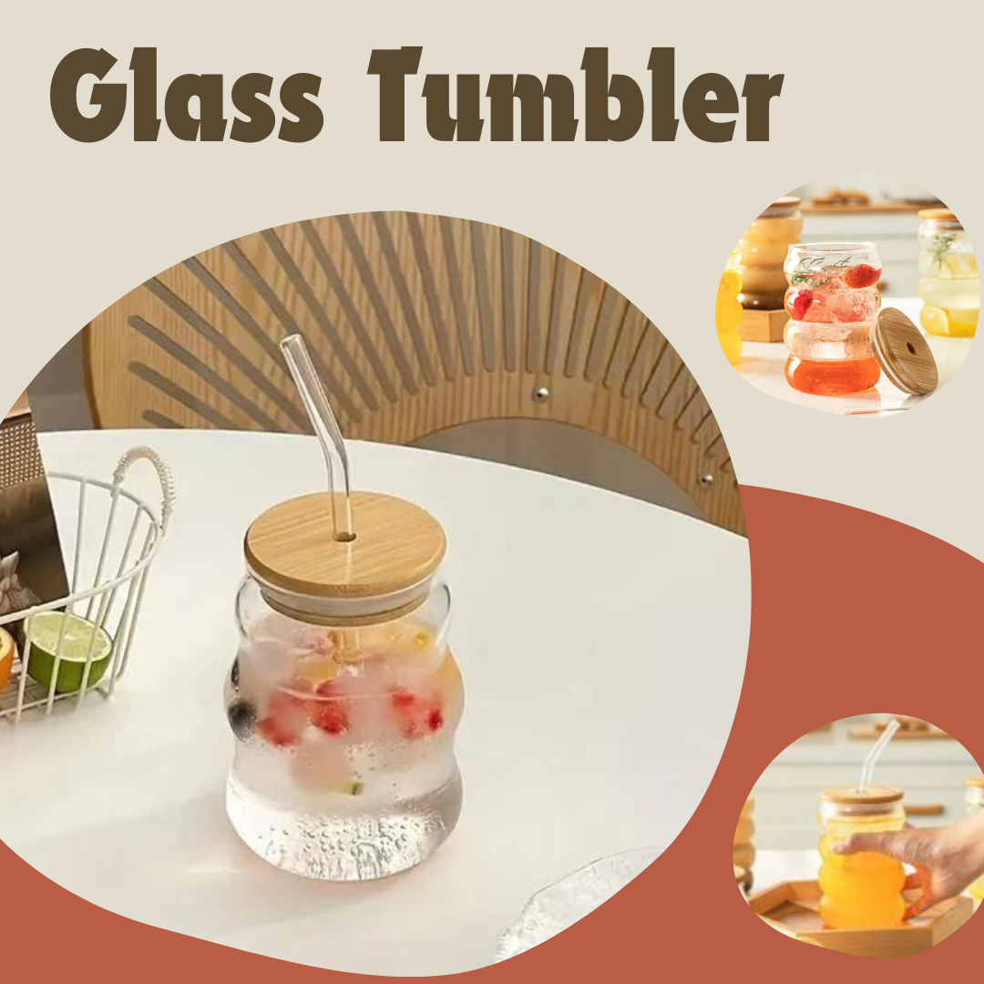 Glass Tumbler Wave shape with Straw 500ml